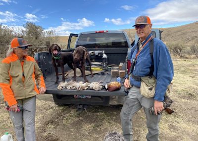 Cross Timber's Annabelle, NA 112 and her sire Stone Pine's Blue, UT II on a wild chukar and pheasant hunt in Oregon. Fall of 2020.